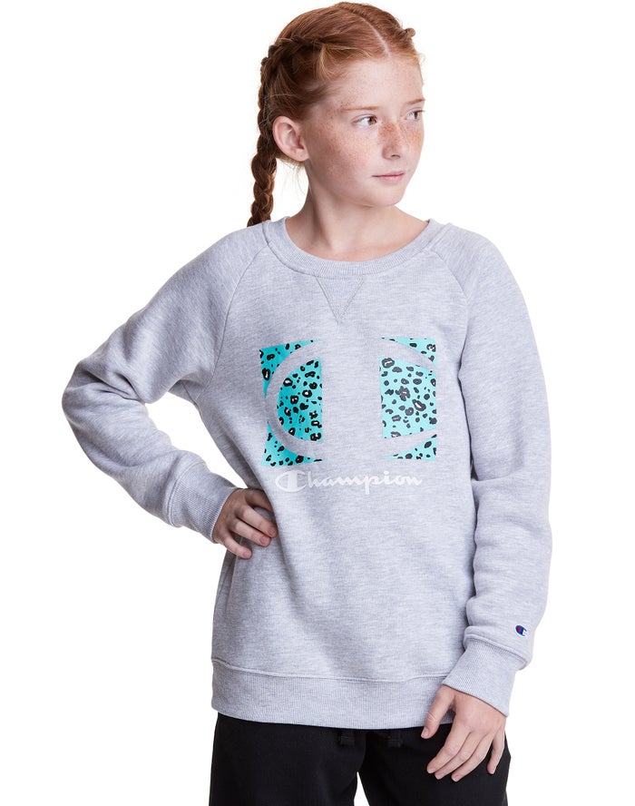 Champion Girls Hoodie NZ - Fleece Raglan Crew Leopard Knockout Logo Grey ( 3048-AYVCF )